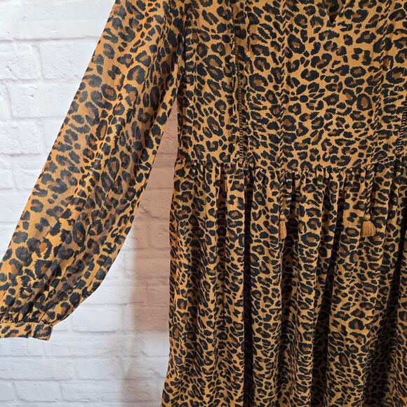 M Time and Tru Brown Leopard Print Peasant Tassel Long Sleeve Sheer Dress M 8 10 - Picture 3 of 10